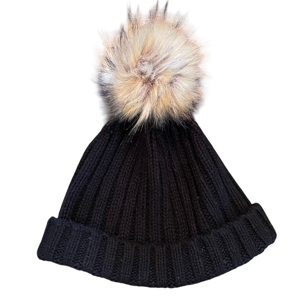 J.Crew Womens Black Wool Blend Ribbed Knit Beanie / Hat, Faux Fur Pom Pom, OS